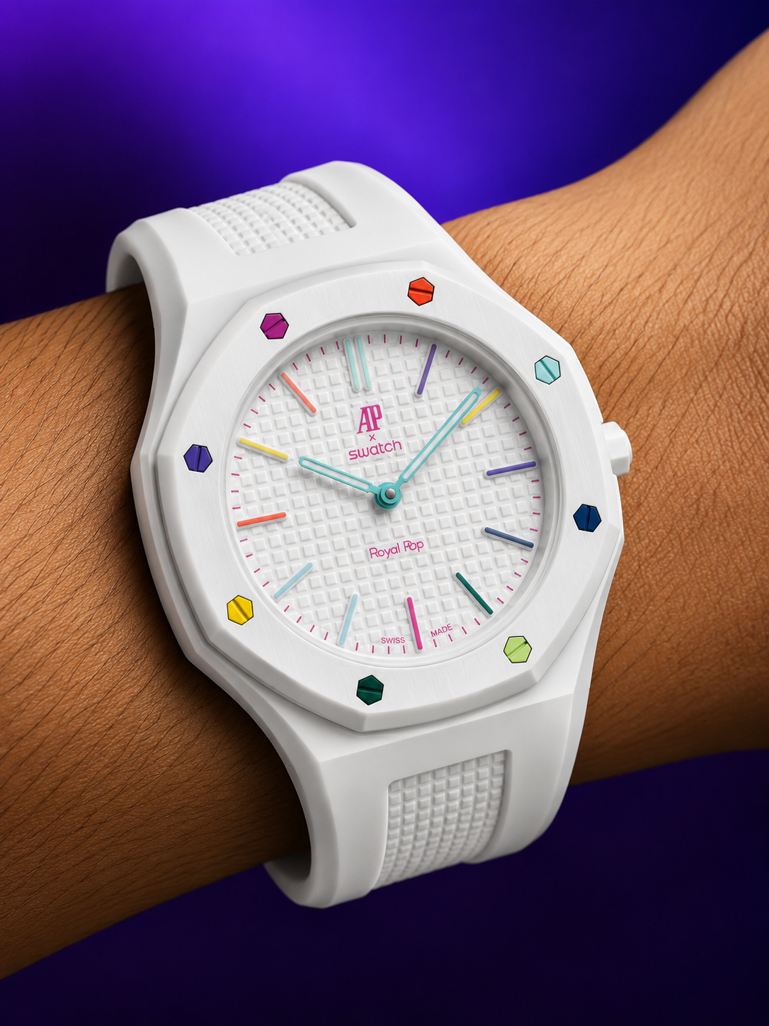 AP × Swatch Royal Pop Candy Pop on the wrist with RoyalStraps premium silicone band